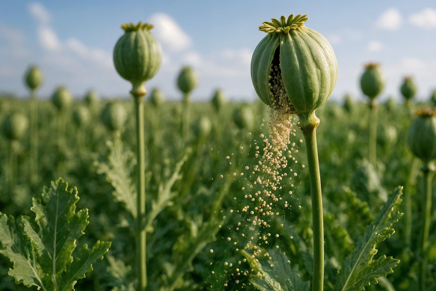 Poppy field with pods releasing seeds